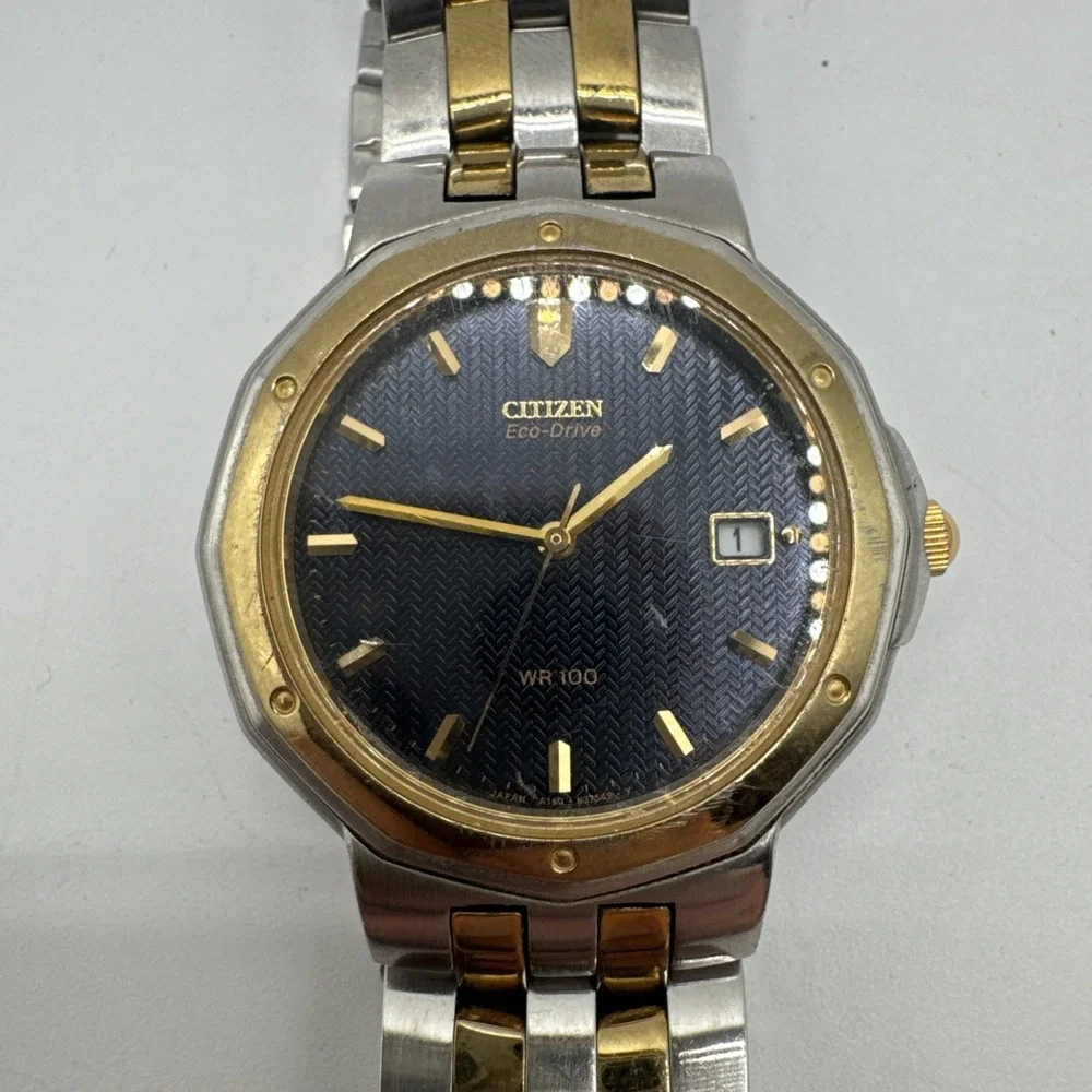 Citizen Eco-Drive Titanium WR 100 Quartz Black Dial Men's Watch‎ Two Tone Works
